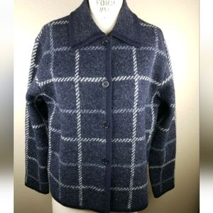 Talbots | 100% Wool Sweater Jacket Womens Blue & Grey Windowpane Size Large